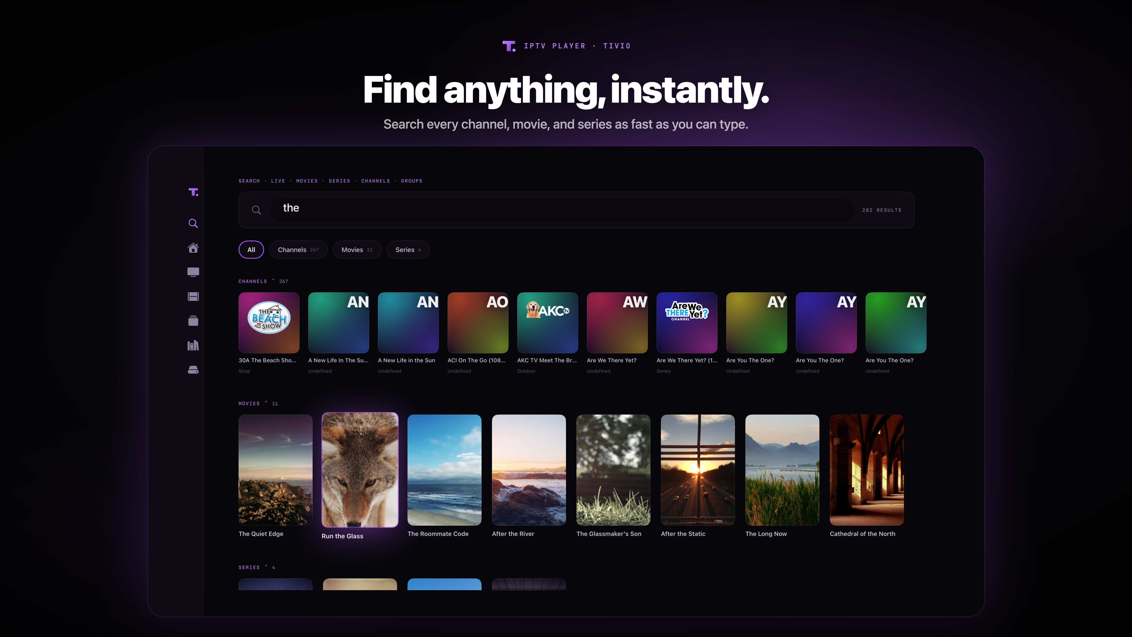 Search results spread across channels, movies, and series
